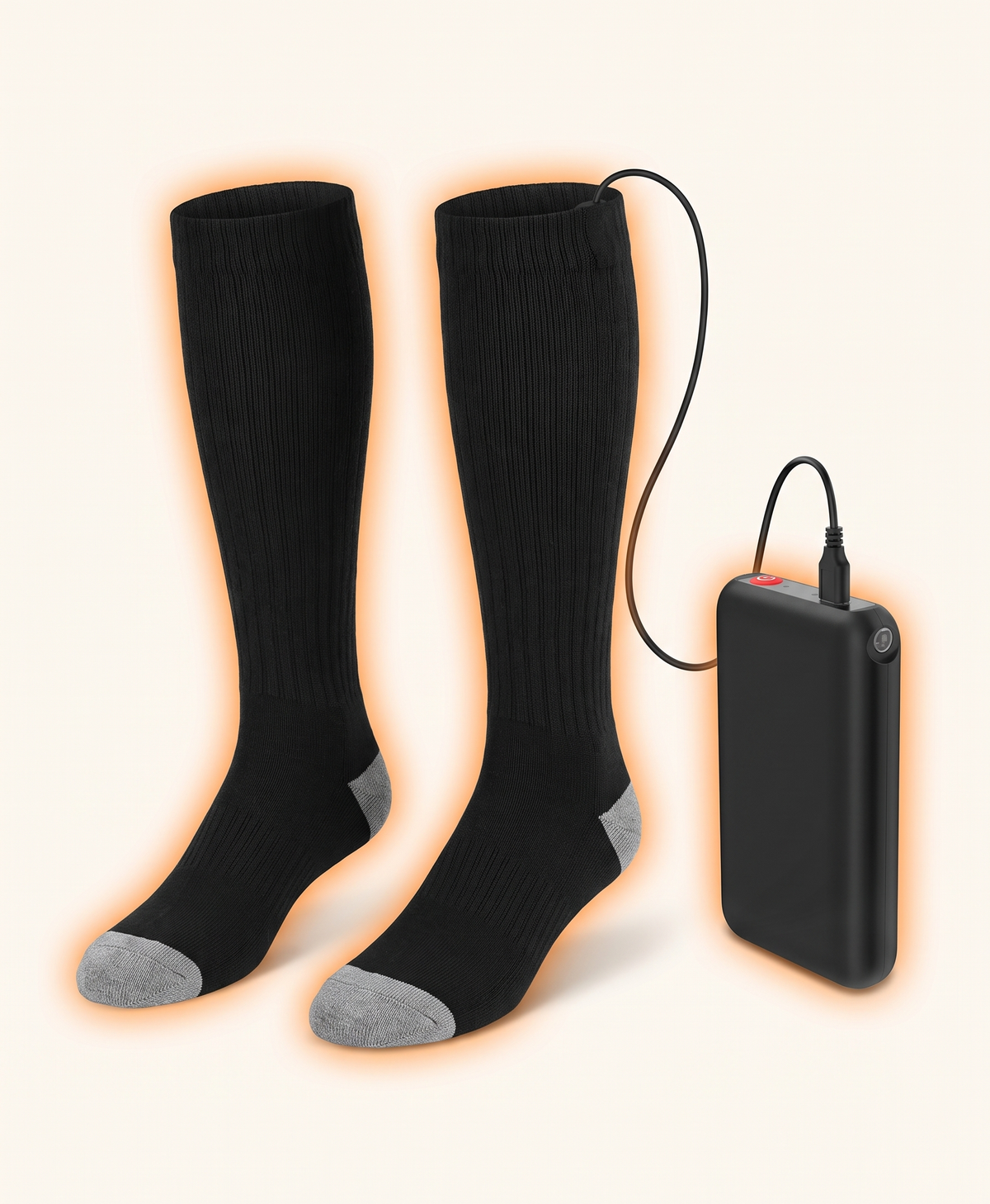 Black heated socks with the heating element and cable hidden inside, shown with the battery pack