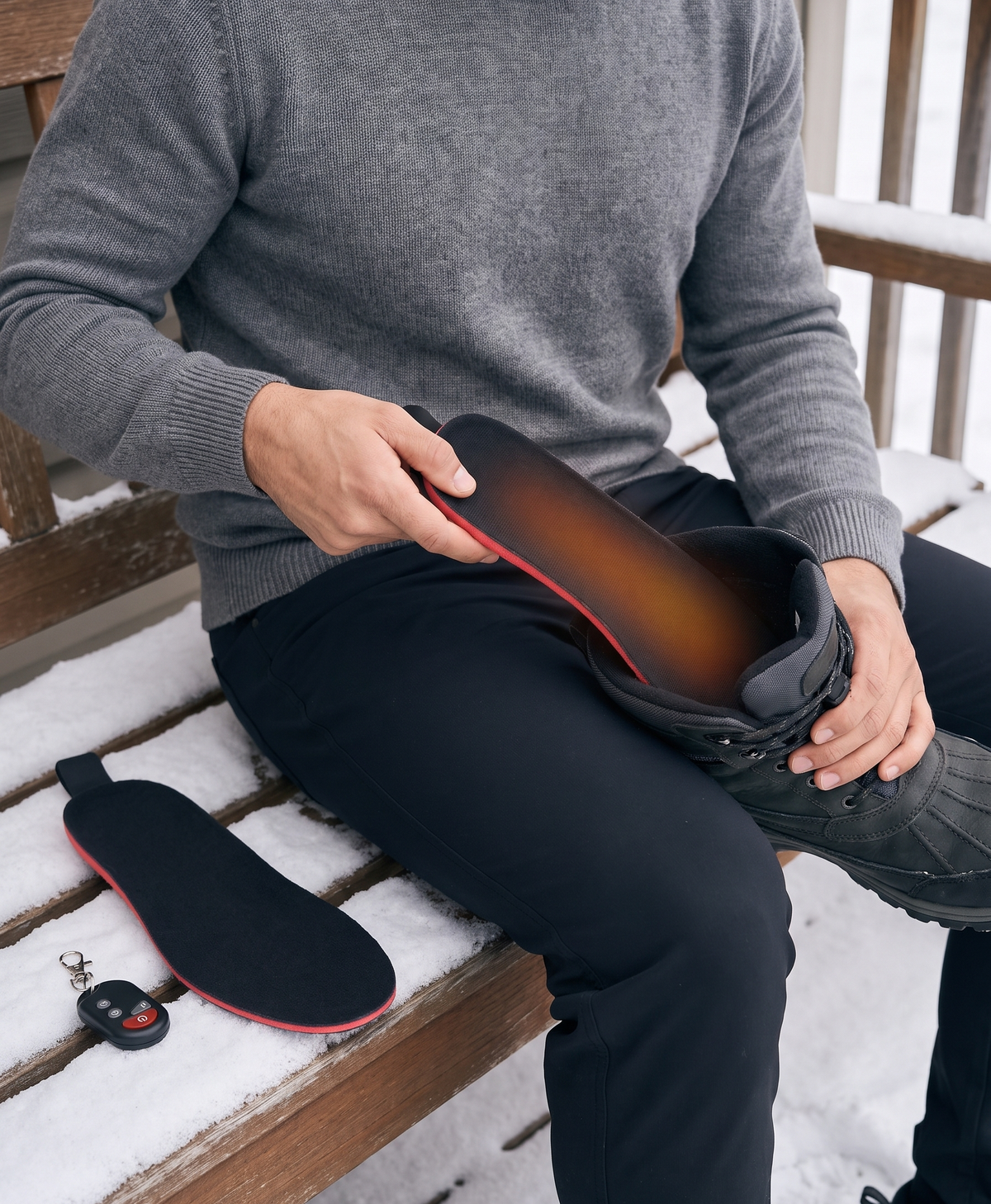 Boot stepping through snow with a warm glow on the sole, shown with black heated insoles for winter walking