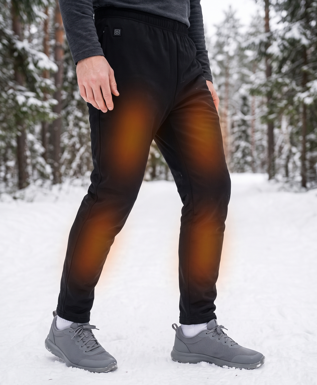 Man in black heated pants and sneakers standing in a snowy mountain setting, with heat level graphic