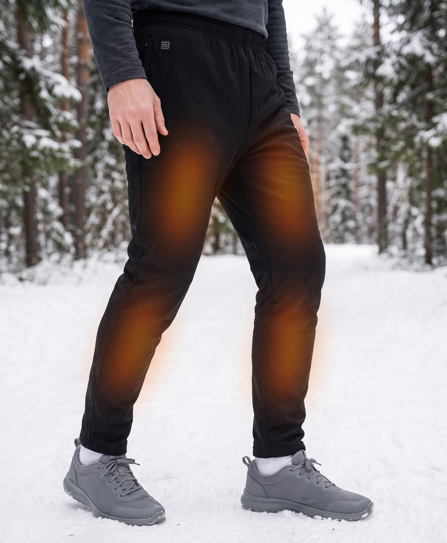 Man in black heated pants and sneakers standing in a snowy mountain setting, with heat level graphic