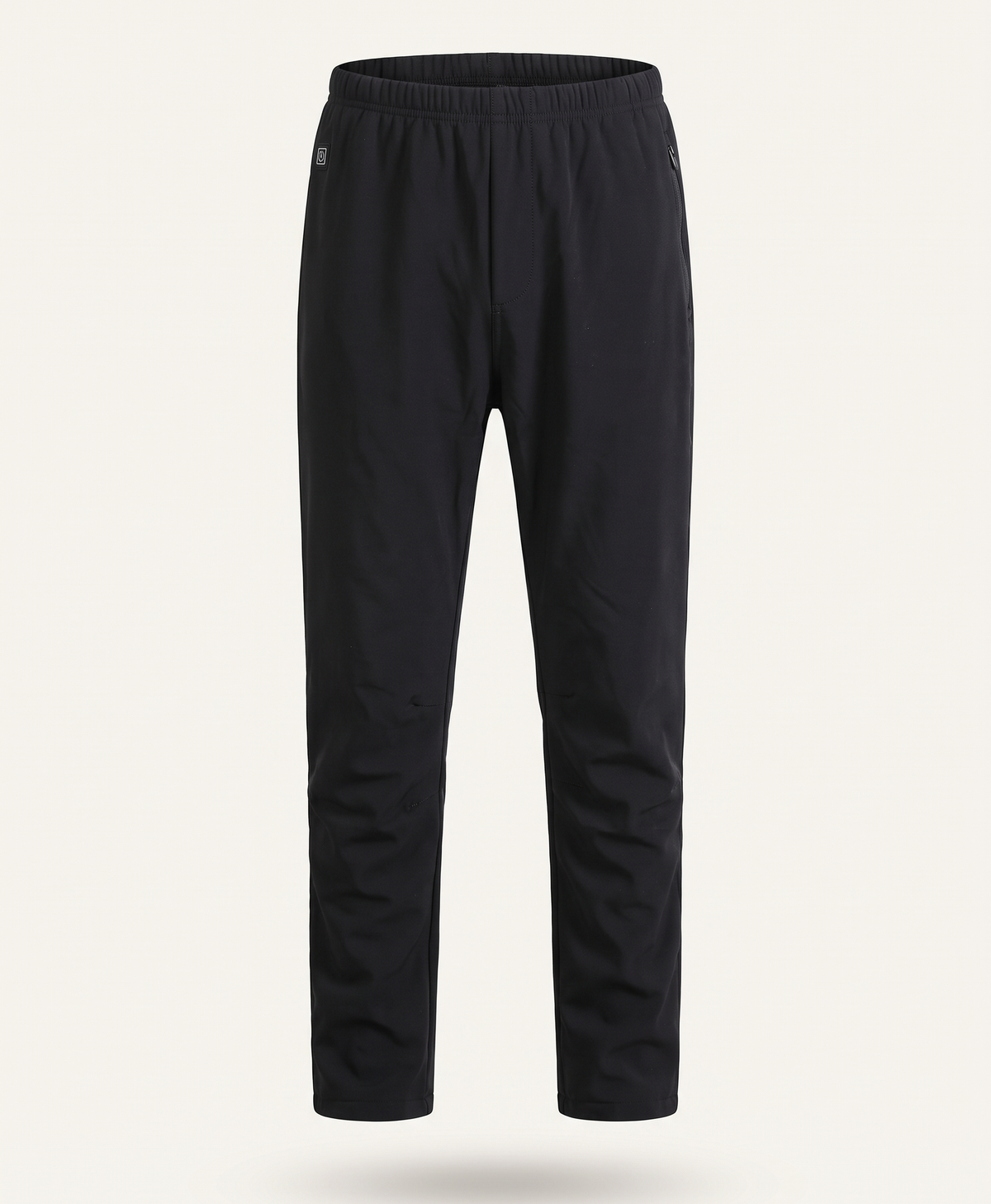 Black heated pants shown flat from the front and back