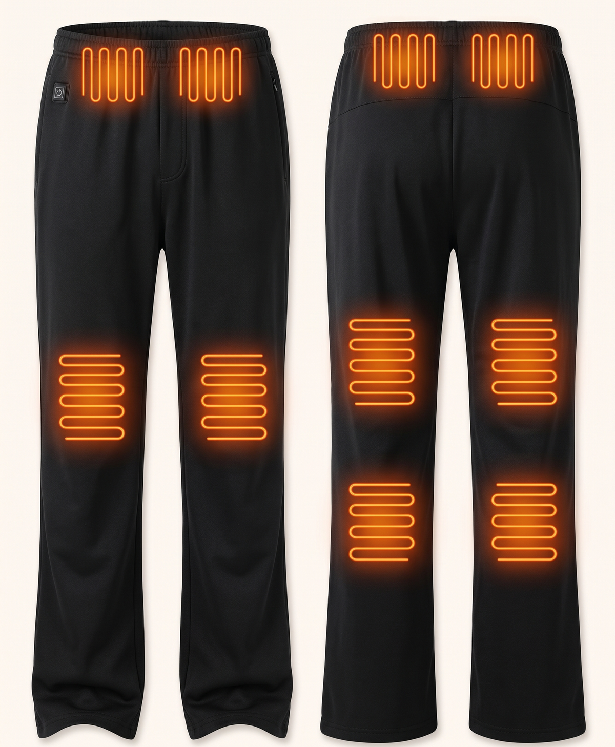 Black heated pants showing 12 heating zones at the waist, underbelly, knees and calves, front and back