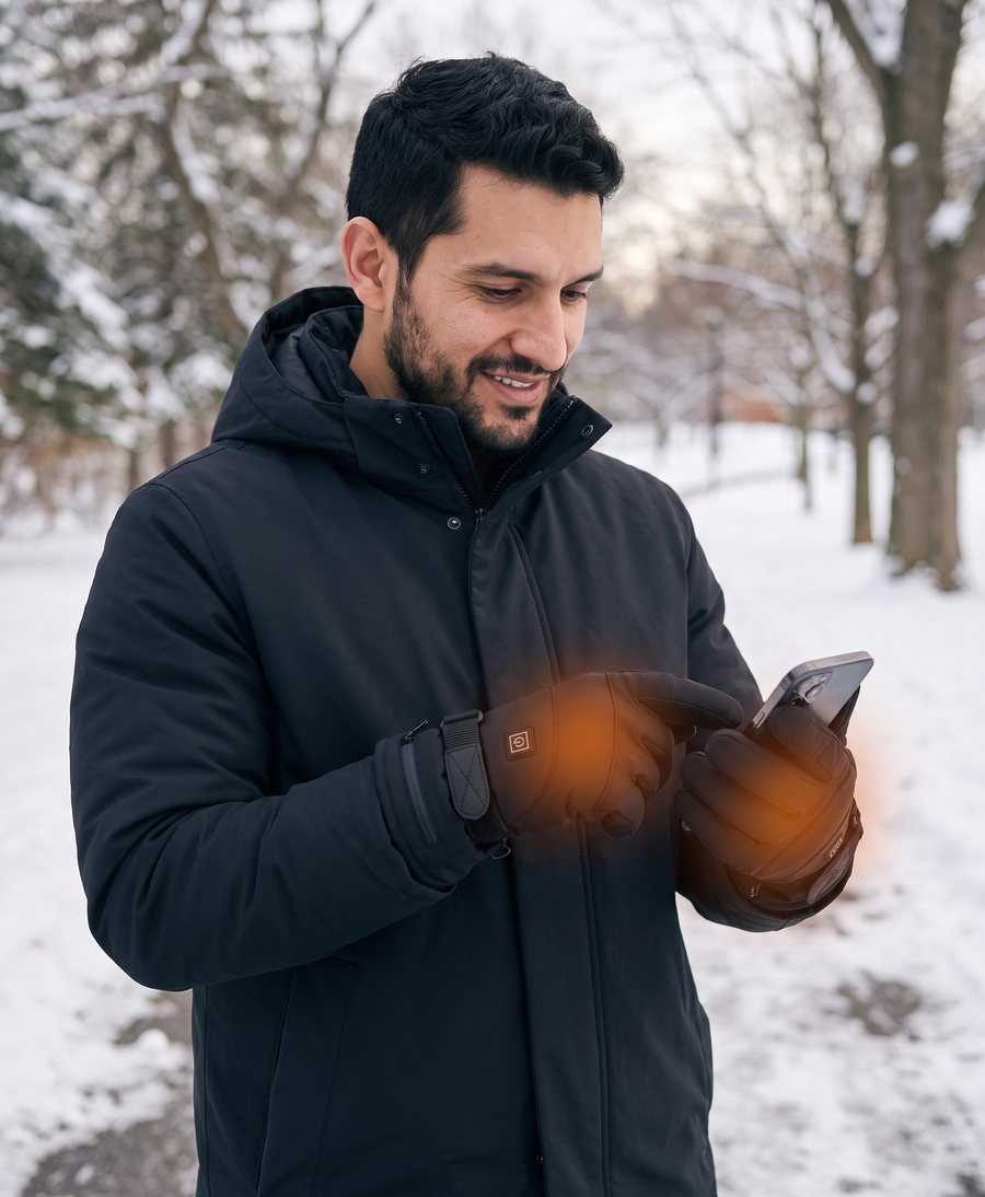 Cyclist in a snowy forest wearing black heated gloves, with the heating zones shown and a glove on a brake lever