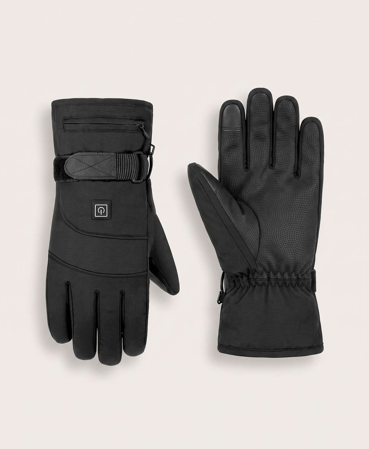 Black heated glove with power button on the hand back, wrist strap and cuff zipper pocket, with water splashing over it