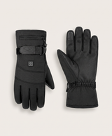 Black heated glove with power button on the hand back, wrist strap and cuff zipper pocket, with water splashing over it