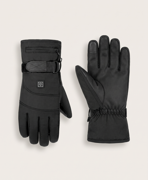 Black heated glove with power button on the hand back, wrist strap and cuff zipper pocket, with water splashing over it