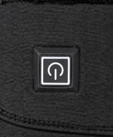 Close-up of the black glove's power button, adjustable wrist strap with buckle and quilted back of hand