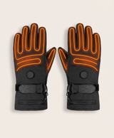 Pair of black heated gloves with red outlines marking the heating wire along the fingers and back of the hand