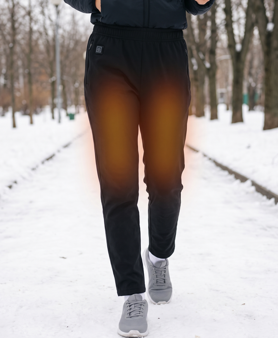 Black women's heated pants with plush lining worn for cold-weather outdoor activity