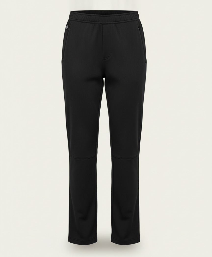 Black heated pants for women shown alone, front and back, with elastic waistband