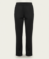 Black heated pants for women shown alone, front and back, with elastic waistband