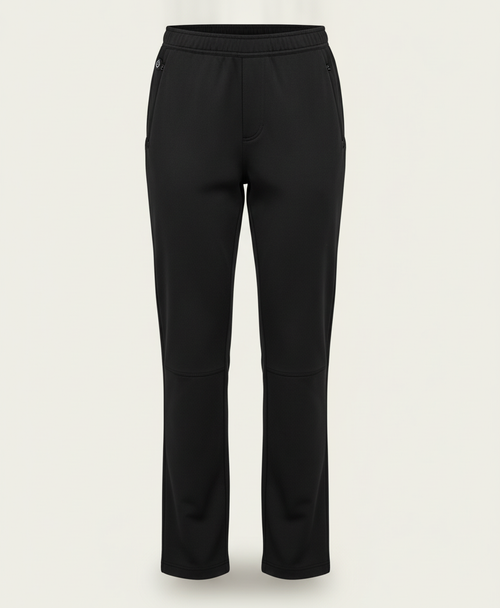 Black heated pants for women shown alone, front and back, with elastic waistband