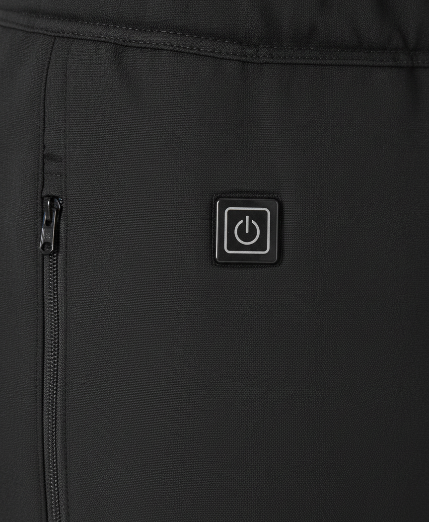 Close-up of the power button and elastic waistband on the black heated pants
