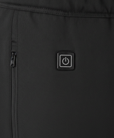 Close-up of the power button and elastic waistband on the black heated pants
