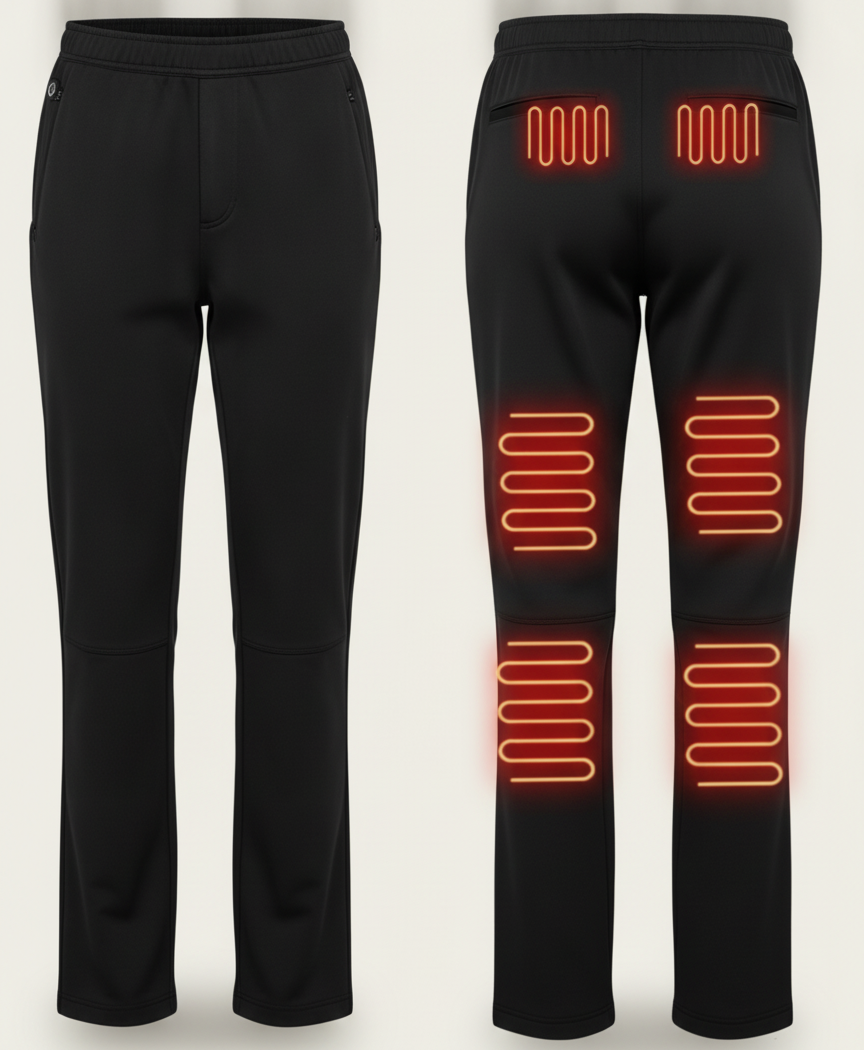 Front and back of black heated pants with 12 carbon fiber heating zones at waist, knee, calf and underbelly highlighted