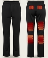 Front and back of black heated pants with 12 carbon fiber heating zones at waist, knee, calf and underbelly highlighted