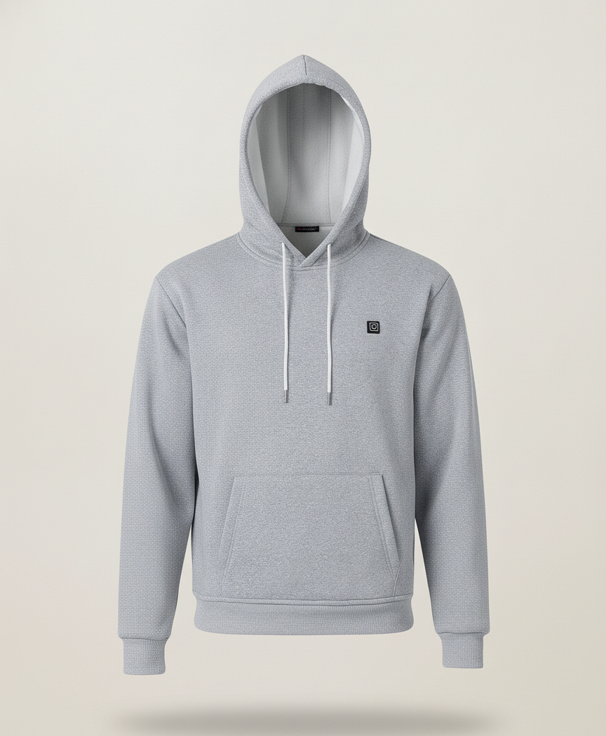 Gray 9-zone heated hoodie with drawstring hood, front pocket and ribbed cuffs and hem, shown on its own