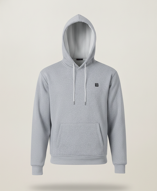 Gray 9-zone heated hoodie with drawstring hood, front pocket and ribbed cuffs and hem, shown on its own