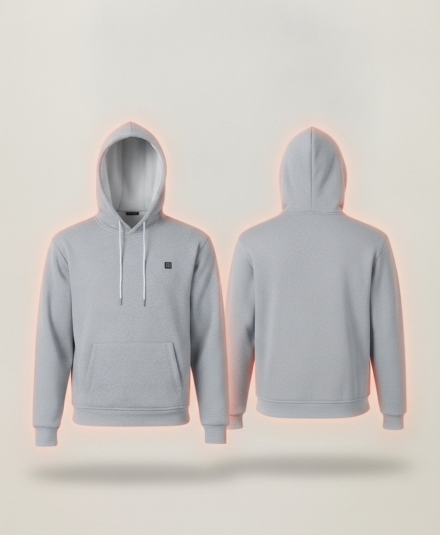 Photo showing the heated hoodie's extra-thick body, lined hood and front pocket where the 9-zone heating system is built in