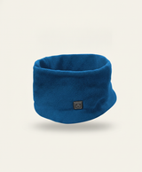 Blue fleece heated neck gaiter shown alone as a soft loop with the power button on the front