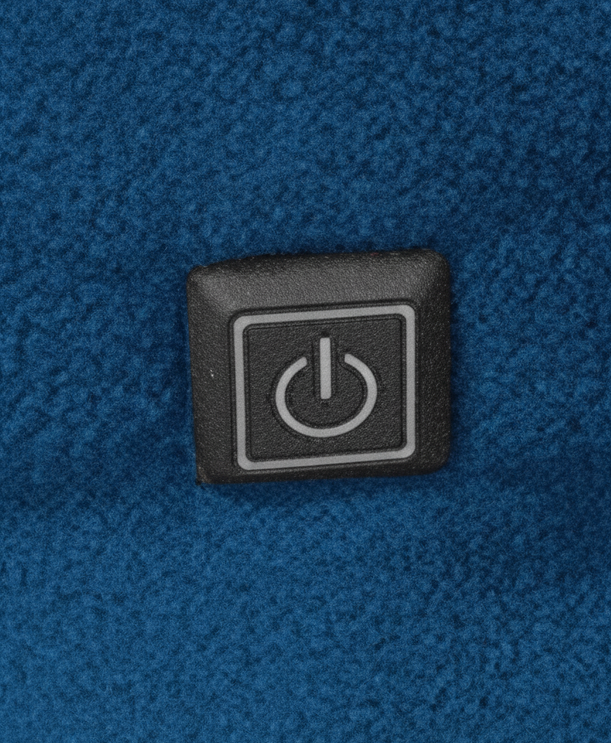 Close-up of the power button on the blue fleece heated neck gaiter, with indicator light for heat level