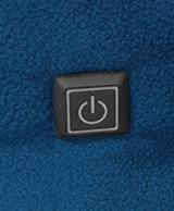 Close-up of the power button on the blue fleece heated neck gaiter, with indicator light for heat level