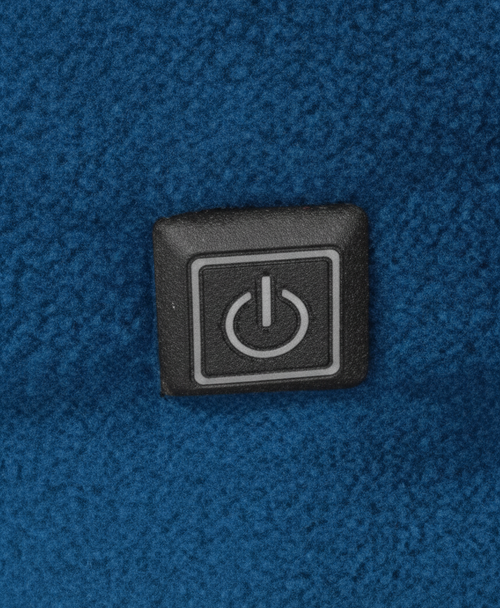 Close-up of the power button on the blue fleece heated neck gaiter, with indicator light for heat level