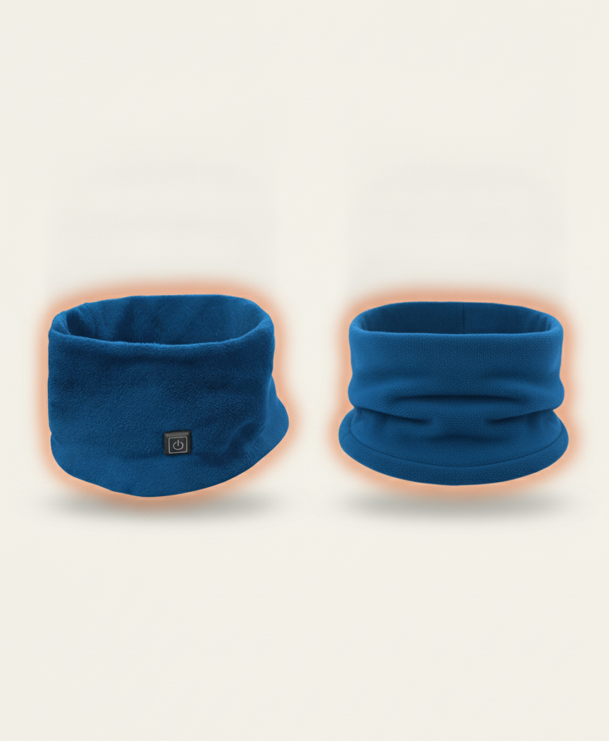 Blue heated neck gaiter with heating pattern graphic and green, blue and red indicator light heat levels
