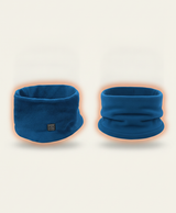 Blue heated neck gaiter with heating pattern graphic and green, blue and red indicator light heat levels