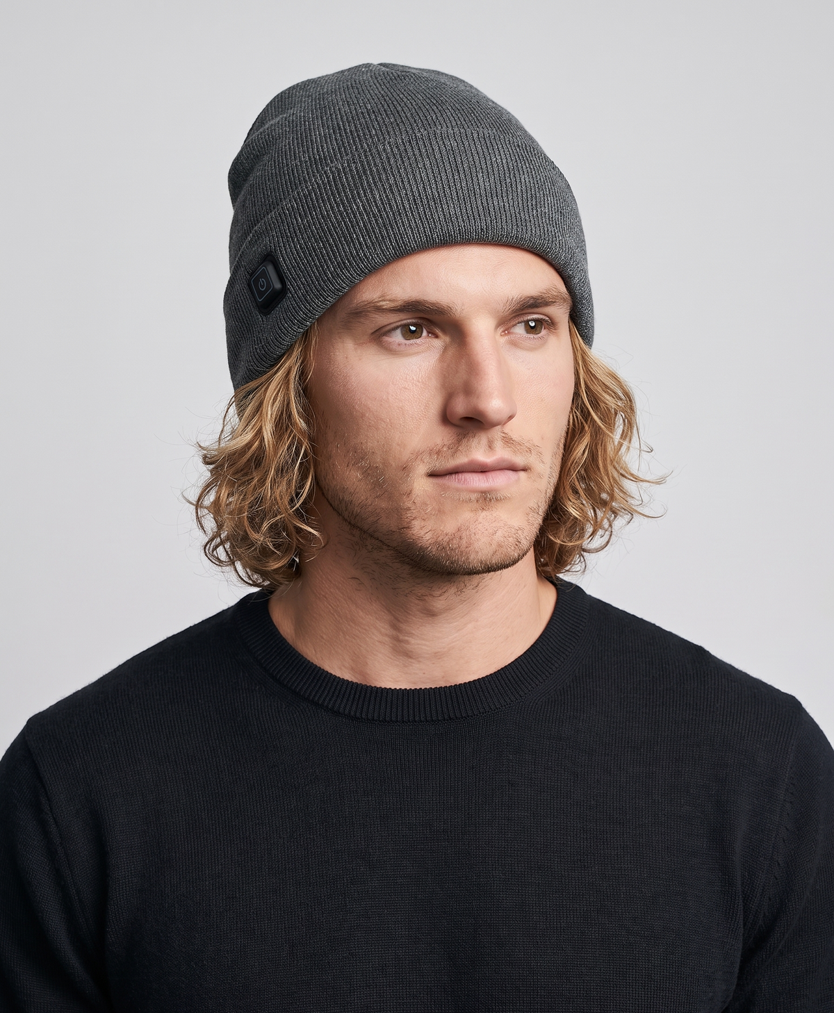 Gray ribbed cotton knit heated beanie for men with USB heating cable and switch, studio photo