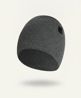 Gray heated knit beanie shown alone on a white background with the side connector patch visible