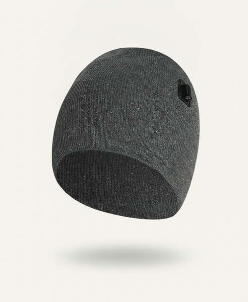Gray heated knit beanie shown alone on a white background with the side connector patch visible