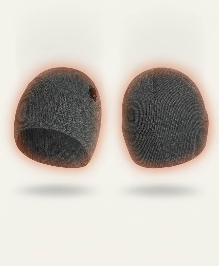 Gray heated beanie with its USB cable and power switch that selects the 3 heat levels
