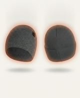Gray heated beanie with its USB cable and power switch that selects the 3 heat levels