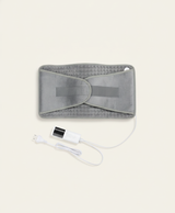 Silver gray micro-plush heated waist belt worn wrapped at the waist with the handheld temperature and timer controller