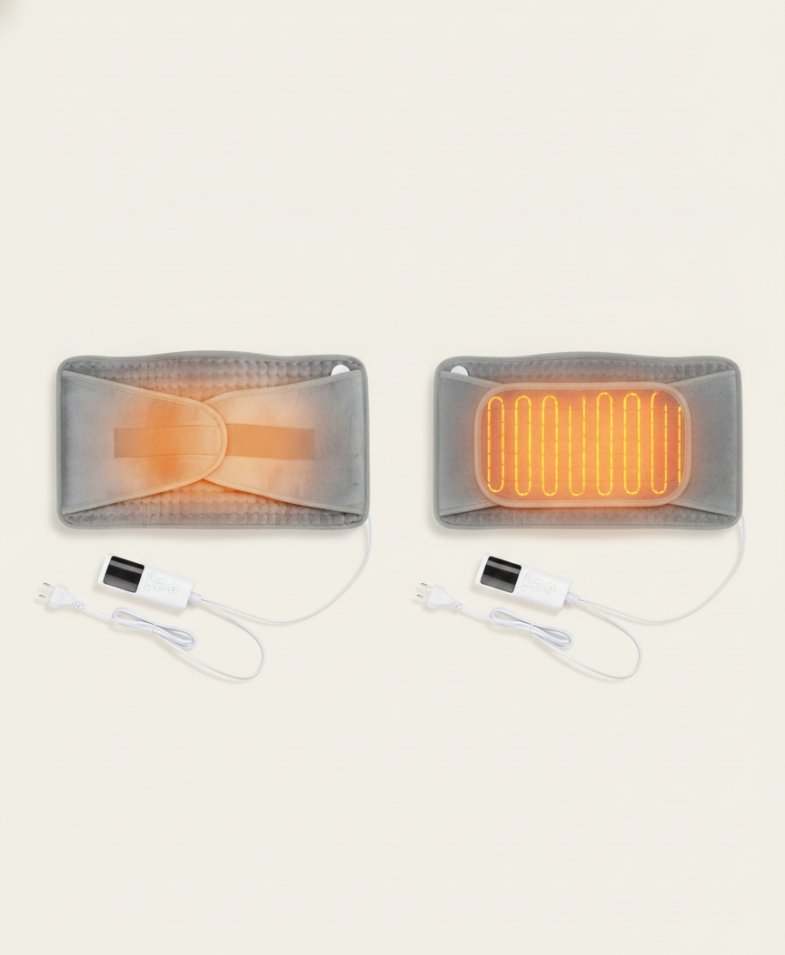 Silver gray heated waist belt on the lower back with orange heat lines, plus panels showing back, shoulder, waist, abdomen, legs and knees