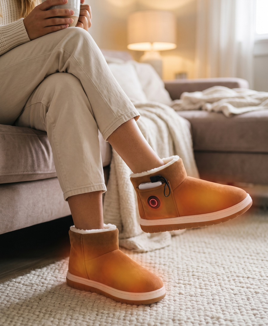 Brown heated booties with white plush lining held in one hand in a cozy home setting, lifestyle photo