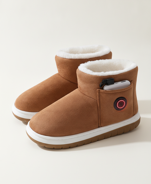 Pair of brown heated booties with plush lining, cotton cloth upper and white sole, shown on their own