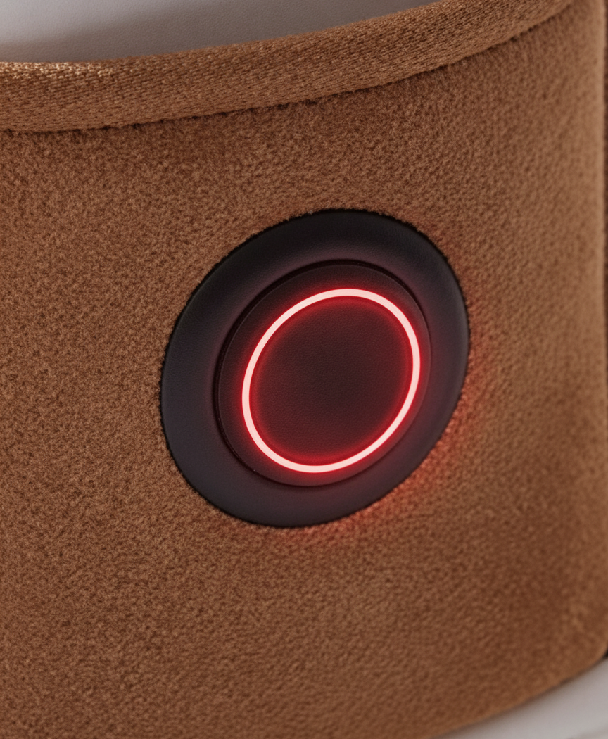 Close-up of brown heated bootie side pocket holding a power bank with USB cable beside the round button