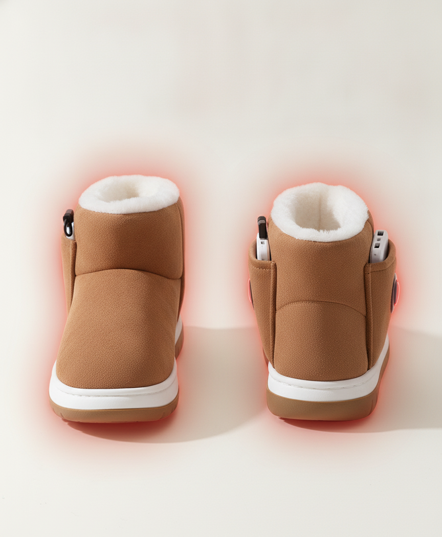 Brown heated booties showing the soft cotton upper, thick plush lining and side pocket for the power bank