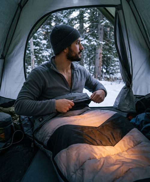 Gray rectangular heated sleeping bag with black chevron panels and a hood, zipped closed