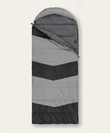 Two views of the gray and black envelope sleeping bag, one zipped closed and one with the zip partly open
