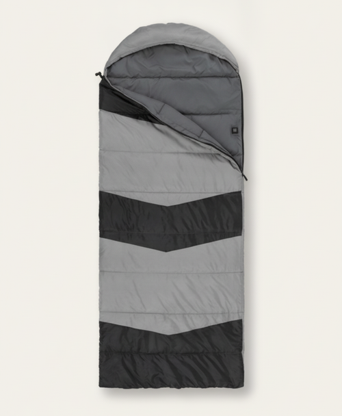 Two views of the gray and black envelope sleeping bag, one zipped closed and one with the zip partly open