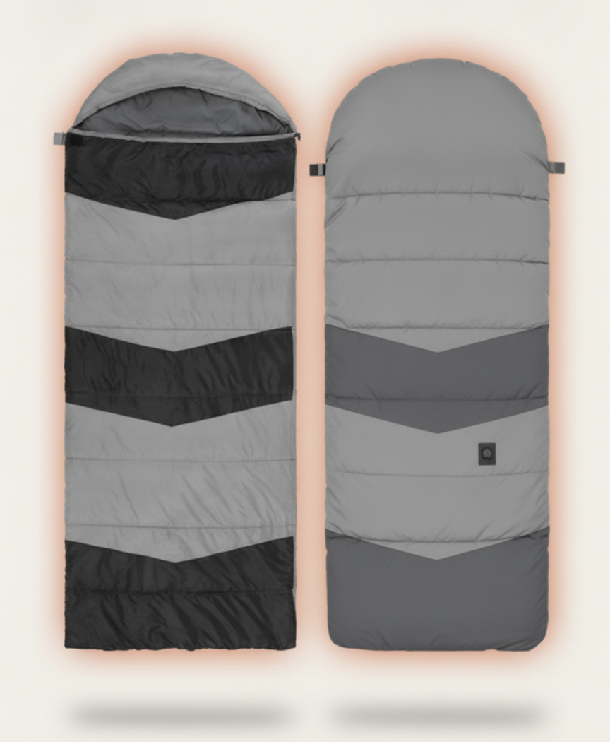 Gray heated sleeping bag with the zip open, showing the gray inner lining and quilted chevron panels