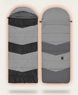 Gray heated sleeping bag with the zip open, showing the gray inner lining and quilted chevron panels