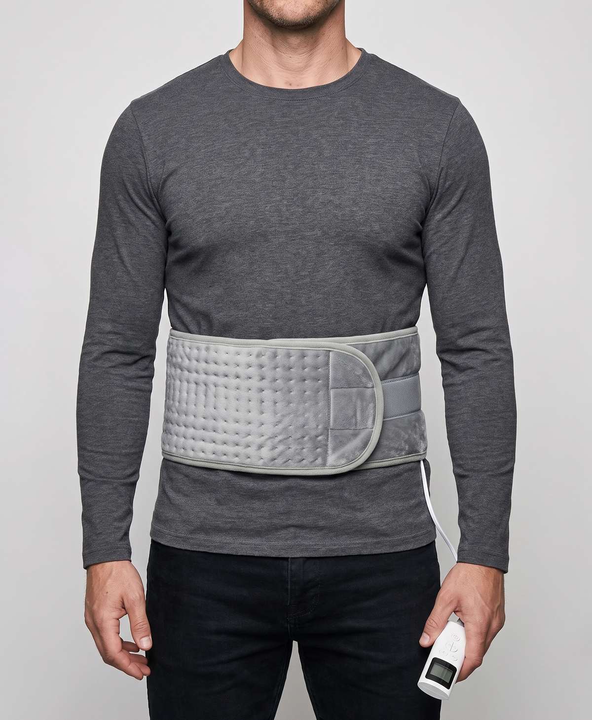 Gray heated waist belt with glowing heating lines worn around the lower back, with panels showing the body areas it can be used on