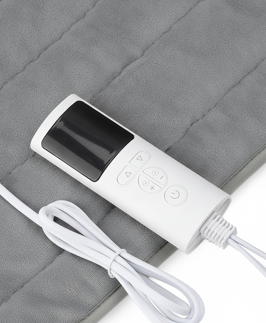Close-up of the gray quilted micro-plush heating pad with glowing heating wire lines across the lower back
