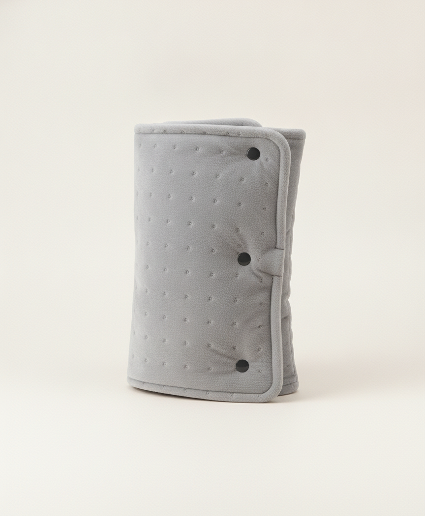 Gray quilted-dot crystal soft heated hand muff with three buckles, rolled up next to its black USB cable