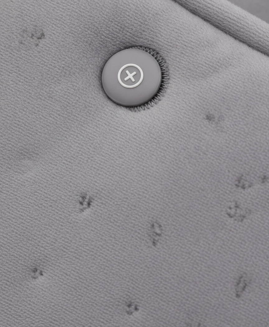 Close-up of the gray embossed soft fabric and buckles on the heated hand muff, with the USB cable attached