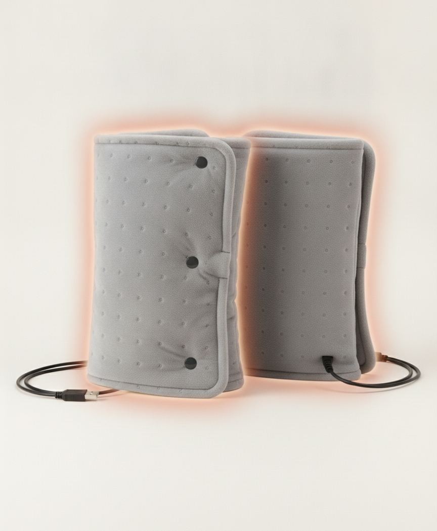 Gray heated hand muff on a lap with heat arrows over the heating area and icons for USB power and low voltage